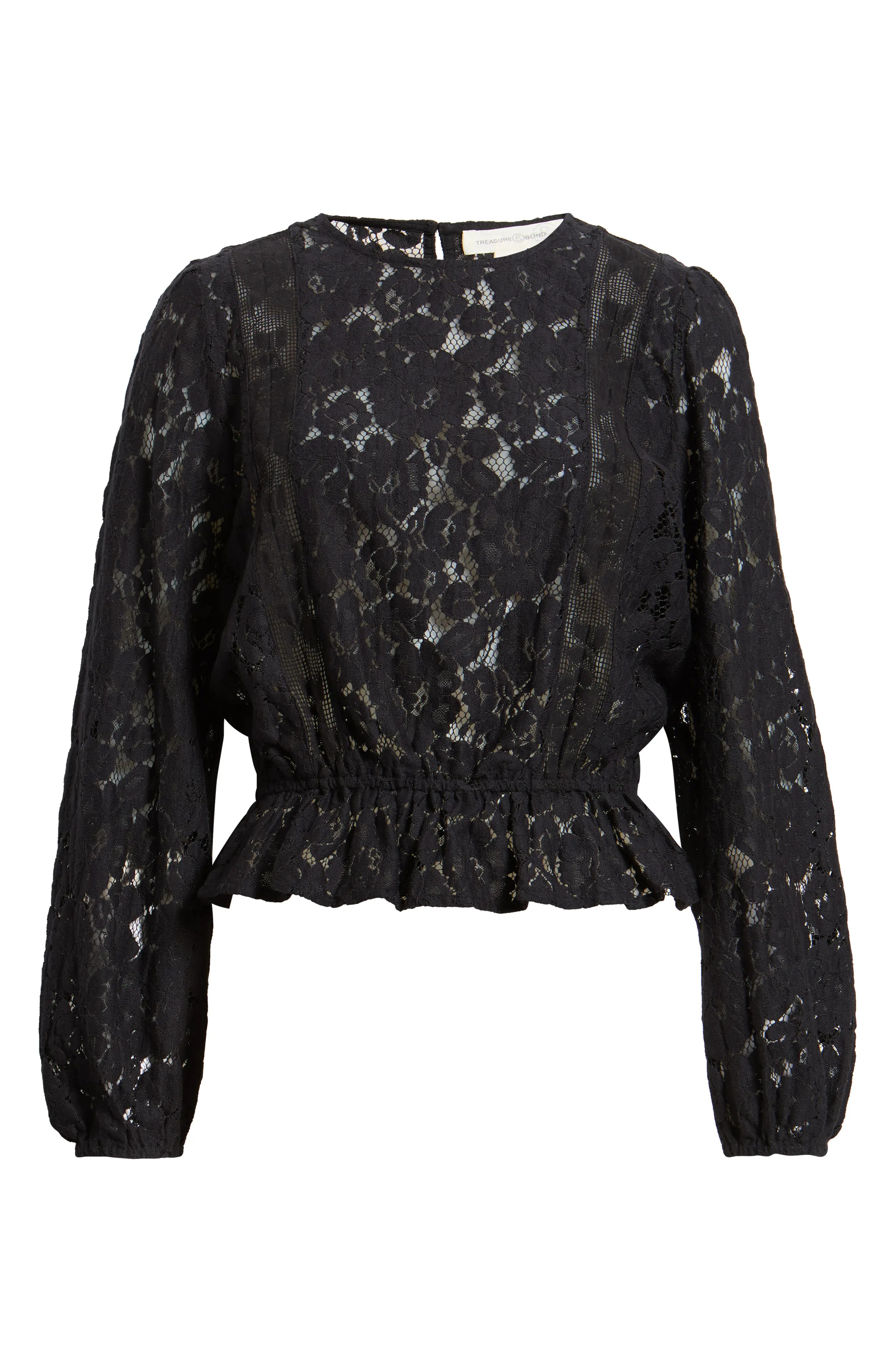Treasure & Bond Elastic Hem Lace Top in Black at Nordstrom, Size Medium | Nordstrom