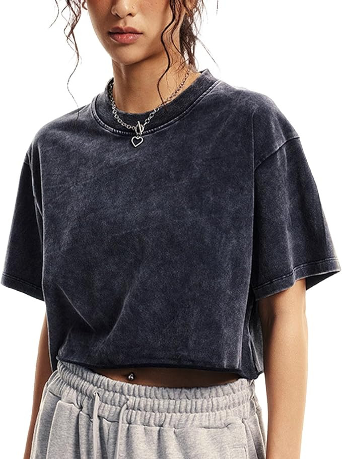 Womens Oversized Vintage T Shirts Casual Cropped Tees Short Sleeve Cotton Acid Wash Tops Summer G... | Amazon (US)