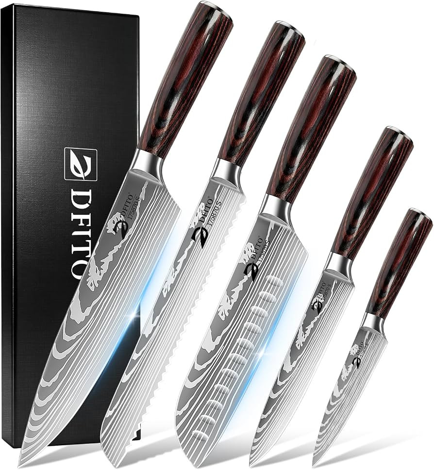 Dfito Kitchen Knife Set, 5 Pieces High Carbon Stainless Steel Chef Knife Set with Red Pakkawood H... | Amazon (US)