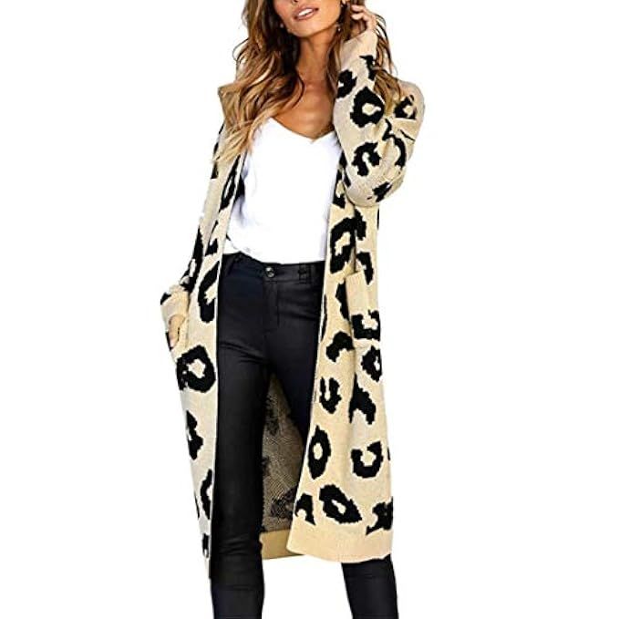 iYYVV Fashion Women Knitted Leopard Print Long Sleeve Cardigan Pocket Tops Long Coat | Amazon (US)