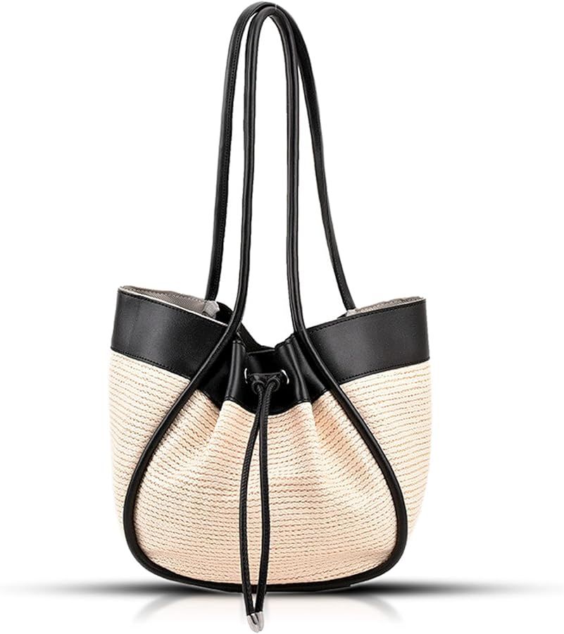 Beach Bag for Women, Summer Straw Bag, Hand-woven Tote Bag, Leather Shoulder Strap Rattan Handbag... | Amazon (US)