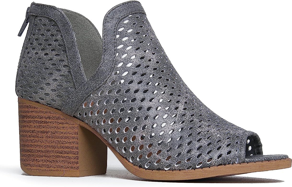 J. Adams Perch Perforated Bootie - Distressed Leather Block Heel Cut Out Boot | Amazon (US)