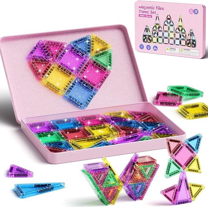 42-Piece Glitter Magnetic Tiles Travel Set with Pink Metal Box - Portable STEM Building Blocks fo... | Amazon (US)