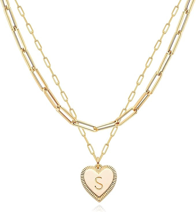 Gold Heart Necklace for Women Layered Initial Pendant Necklace Paperclip Gold Chain Aesthetic Jew... | Amazon (US)