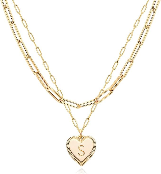 Gold Heart Necklace for Women Valentine Gift Layered Initial Pendant Necklace Paperclip Gold Chai... | Amazon (US)