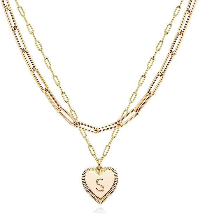 Gold Heart Necklace for Women Layered Initial Pendant Necklace Paperclip Gold Chain Aesthetic Jew... | Amazon (US)
