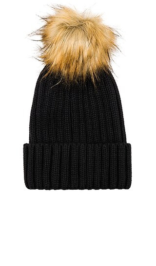 Hat Attack Chunky Rib Beanie with Snap Off Faux Fur Pom in Black | Revolve Clothing