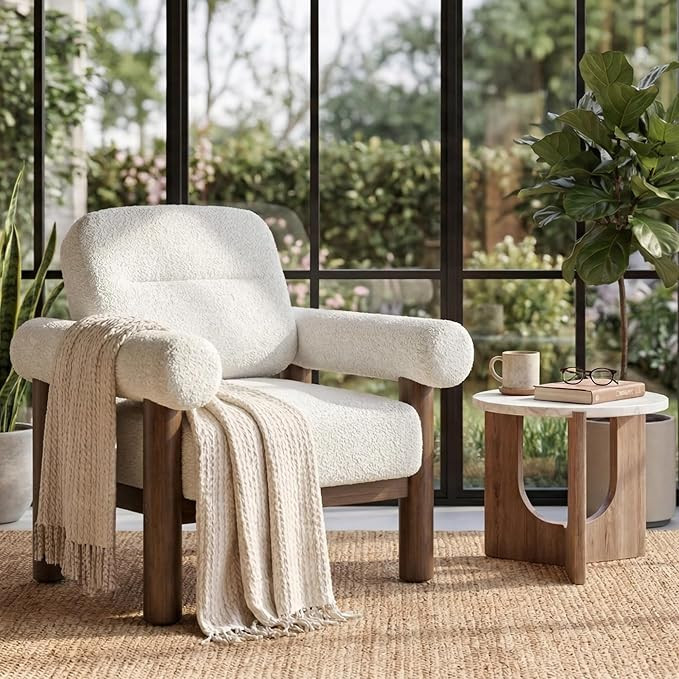 HNY Modern Accent Chair, Boucle Accent Chairs, Upholstered Barrel Chairs with Solid Wood Frame, C... | Amazon (US)