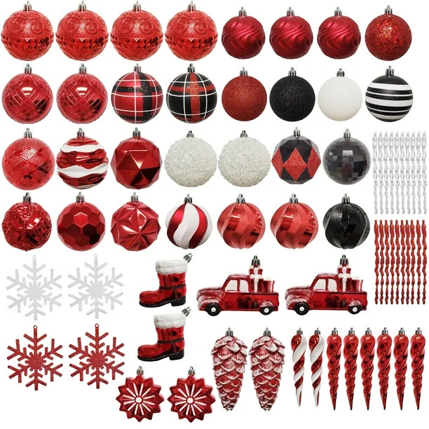 Holiday Time Shatterproof Ornaments, 70 Count, Red, Black and White | Walmart (US)