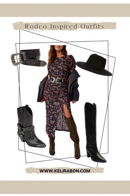 Rodeo outfit - black boots, knee high boots, western boots, western belt, rancher hat, midi dress, floral dress 

#LTKsalealert #LTKshoecrush #LTKunder100
