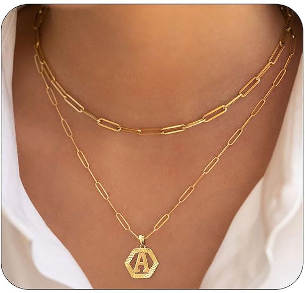 TOSGMY Initial Necklaces for Women,Dainty Gold Letter Necklace 18K Gold Plated Paperclip Chain Ne... | Amazon (US)