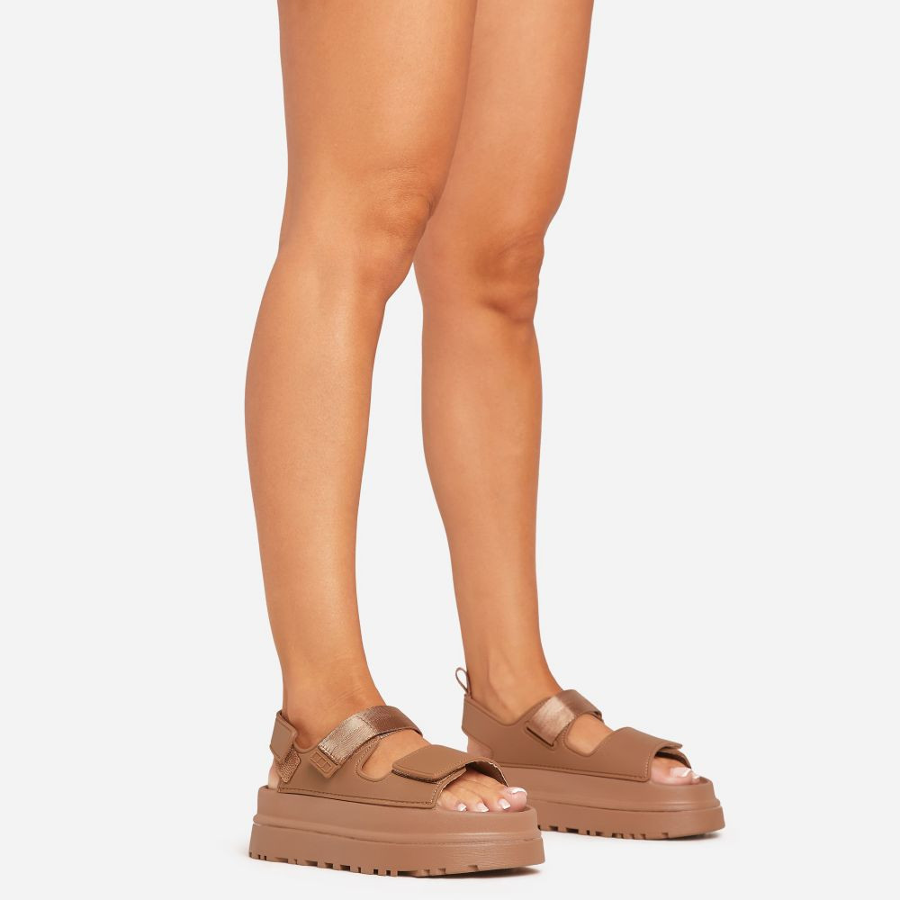 Gallery Chunky Sole Velcro Strap Flat Sandal In Tan Faux Leather | EGO Shoes (US & Canada)