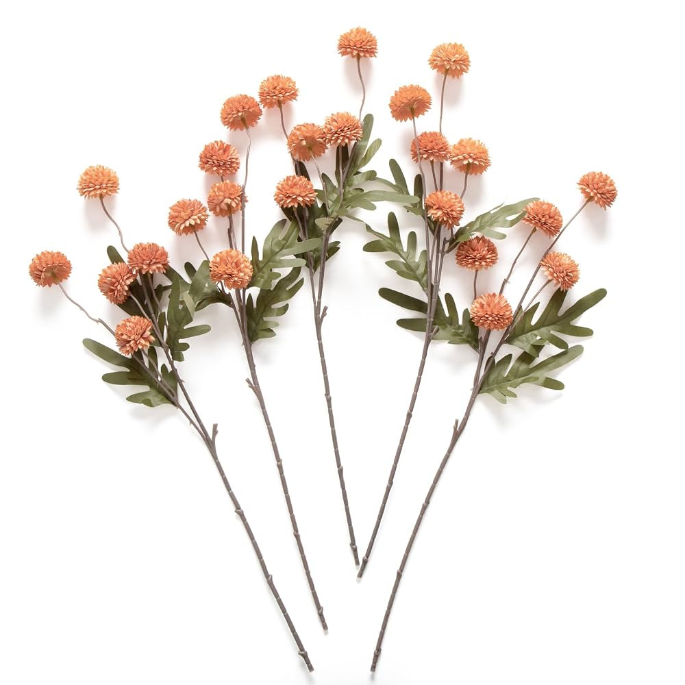 Fall Flowers Artificial Pompon Mum Burnt Orange, 5Pcs Fake Kiku Flowers Silk Small Mini Chrysanth... | Amazon (US)