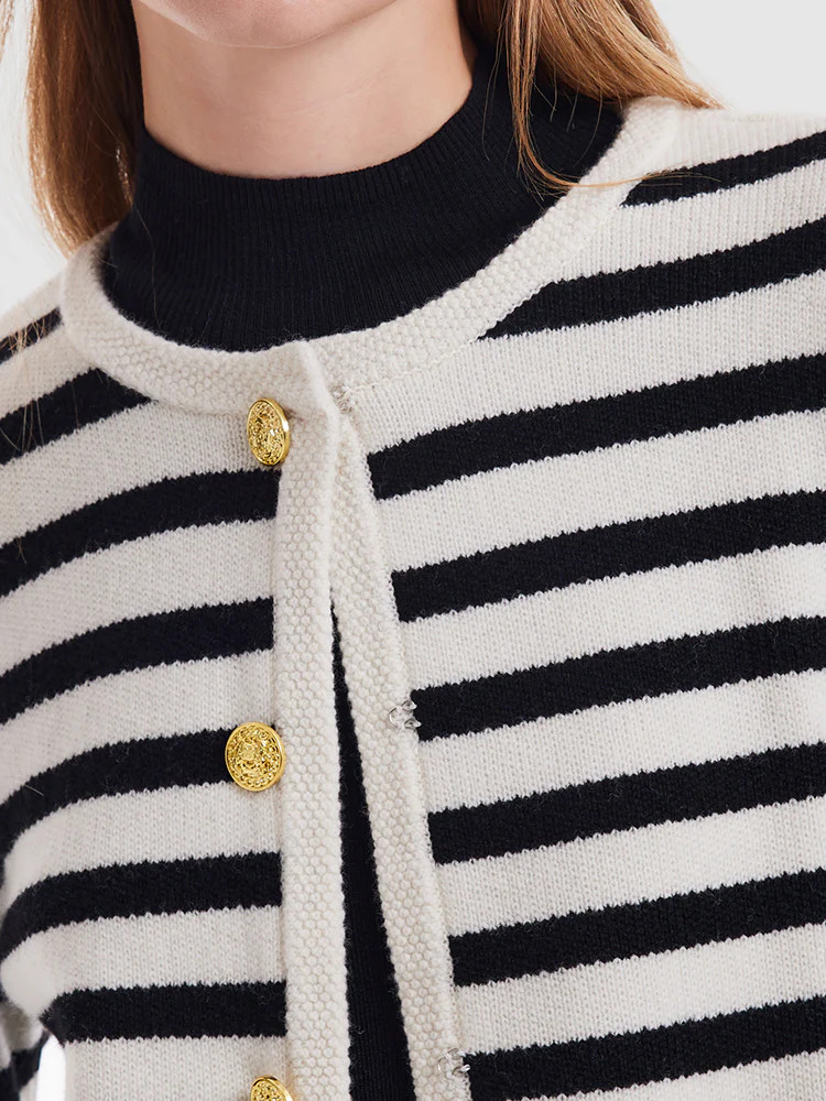 Button Up Woolen Striped Lady Cardigan | GOELIA