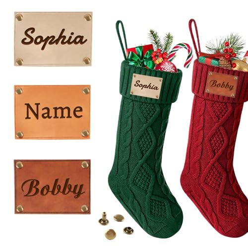 HJX Personalized Christmas Stocking Leather Name Tags 2024 Custom Name Letters Tags for Knitted Stockings,Xmas Knitted Stocking PU Leather Name Label for Kids Family | Amazon (US)