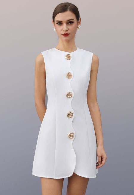 Spiral Button Decor Sleeveless Mini Dress in White | Chicwish