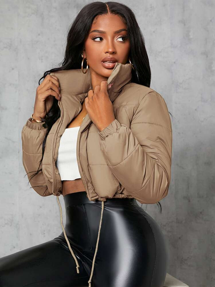 SHEIN SXY Zip Up Drawstring Crop Puffer Coat | SHEIN