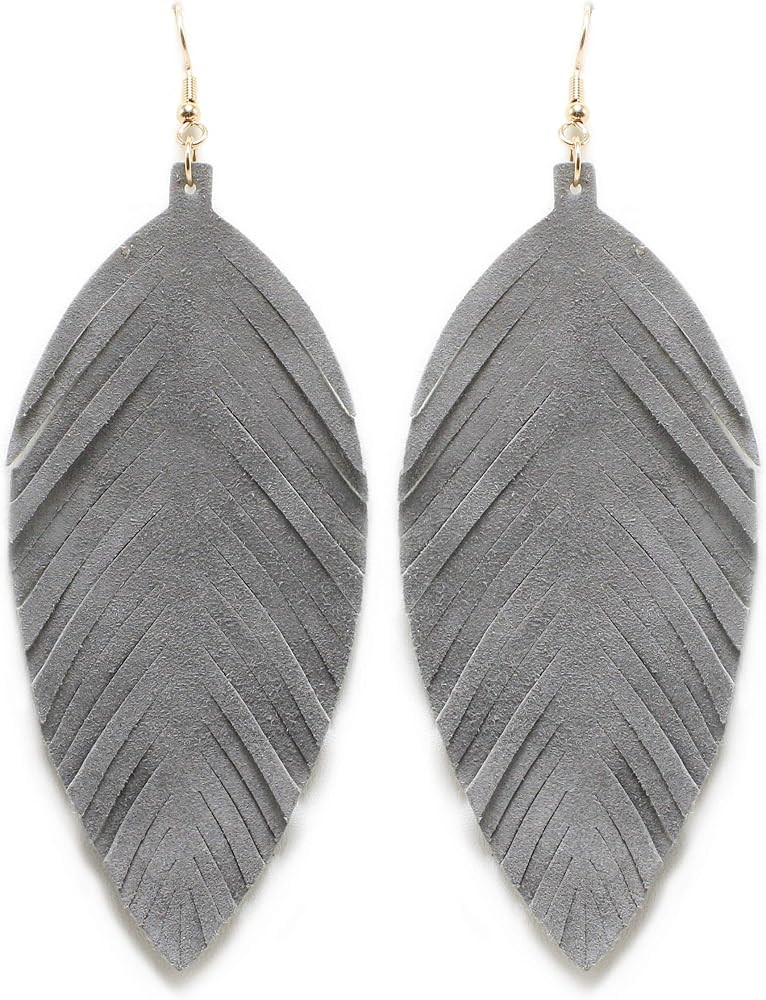Large Genuine Soft Leather Handmade Fringe Feather Lightweight Tear Drop Dangle Color Earrings fo... | Amazon (US)