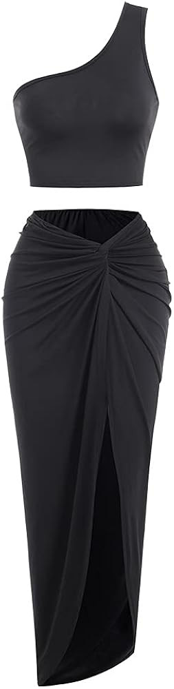 ZAFUL Women's Casual Sleeveless Summer Two Piece Outfits Crop Top and Side Split Draped Ruched Ma... | Amazon (US)