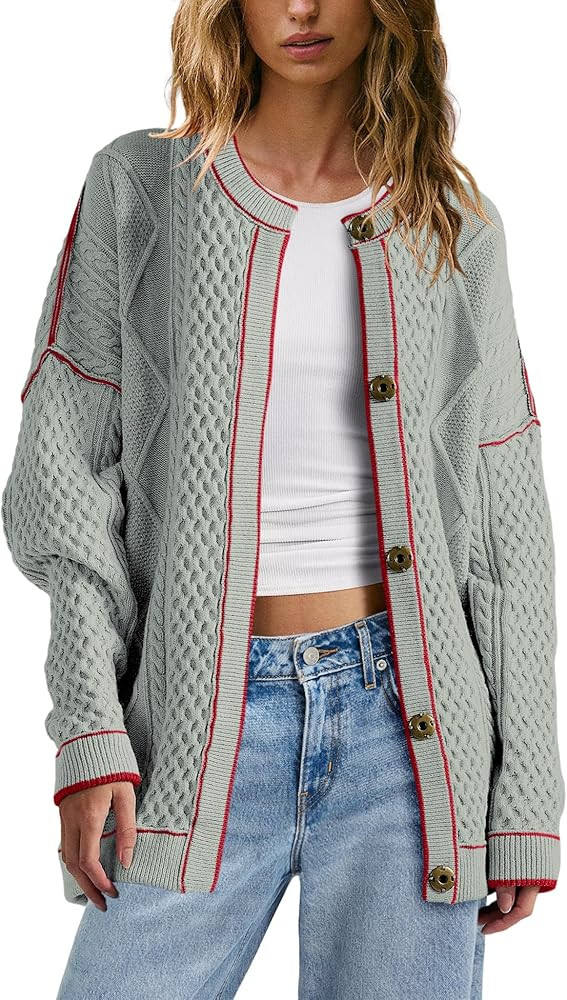 Panadila Womens Oversized Cable Knit Cardigan Sweaters Lightweight Button Down Cardigan Fall Stri... | Amazon (US)