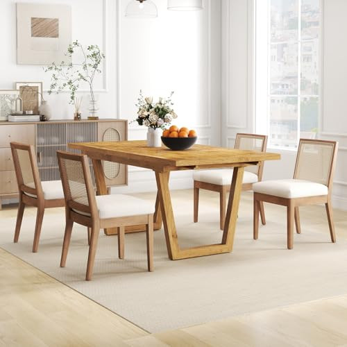 BESTANO Rattan Dining Chairs Set of 4 Natural Wooden Dining Room Chairs Rectangle Cane Country Kitchen Chairs Linen Upholstered Dining Chairs, Cream | Amazon (US)