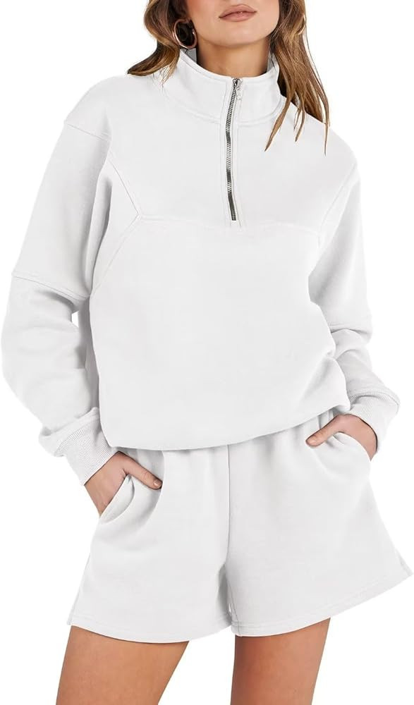 Prinbara Women 2 Piece Outfits Sweatsuit Oversized Half Zip Collared Sweatshirt Short Set Lounge ... | Amazon (US)