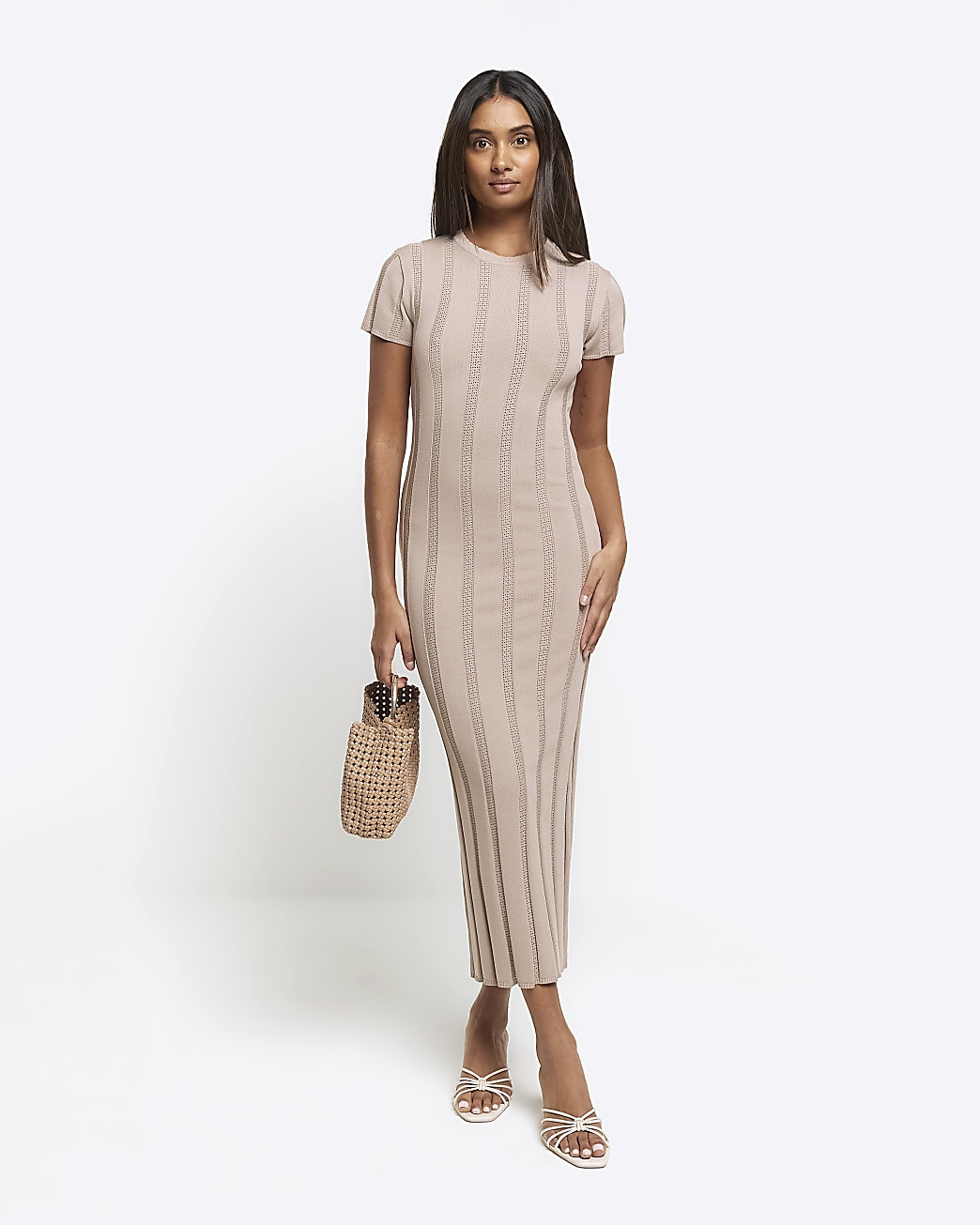 Beige knit ribbed bodycon midi dress | River Island (UK & IE)