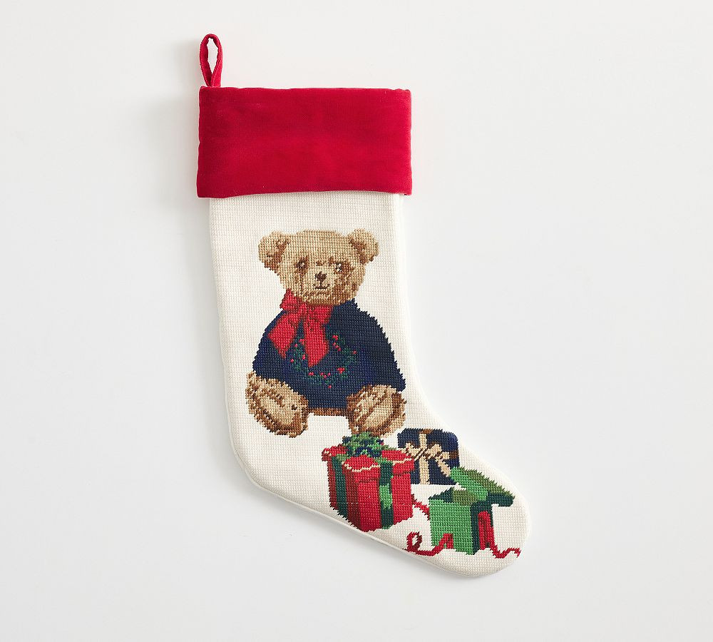 Needle Point Stocking Medium Bear With Bow | Pottery Barn (US)
