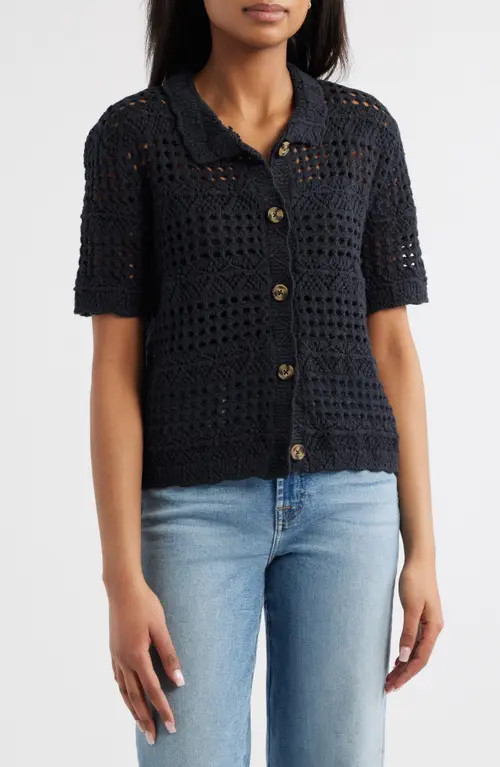 beachlunchlounge Penny Open Knit Short Sleeve Cardigan in Black at Nordstrom, Size Medium | Nordstrom