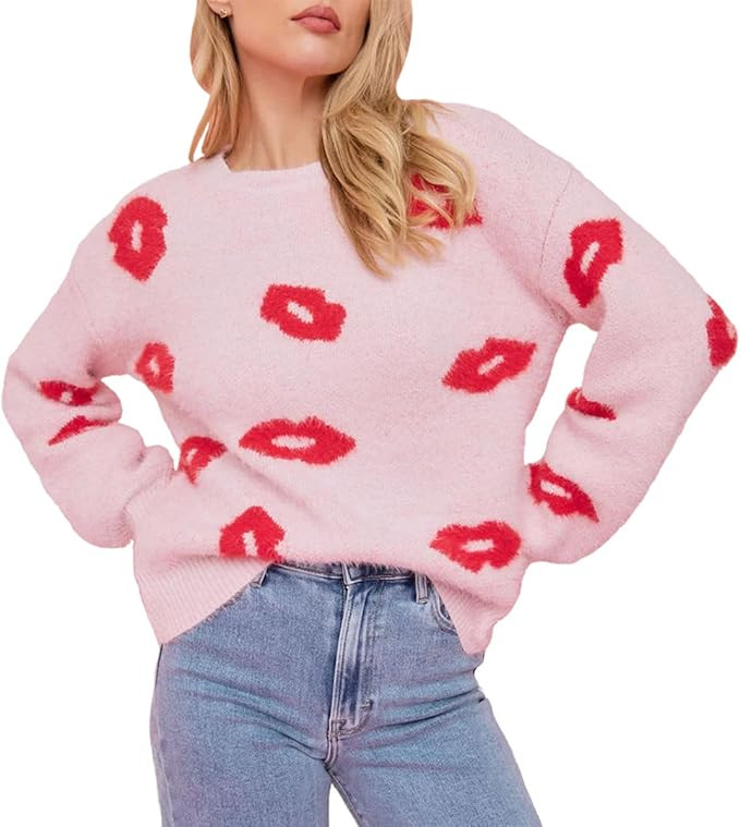 Virmoku Valentines Heart Sweater For Women Lip Valentines Gifts For Her Cute Lips Lo... | Amazon (US)