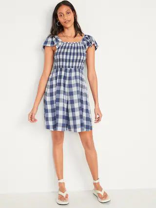 Flutter-Sleeve Fit &#x26; Flare Gingham Mini Dress for Women | Old Navy (US)