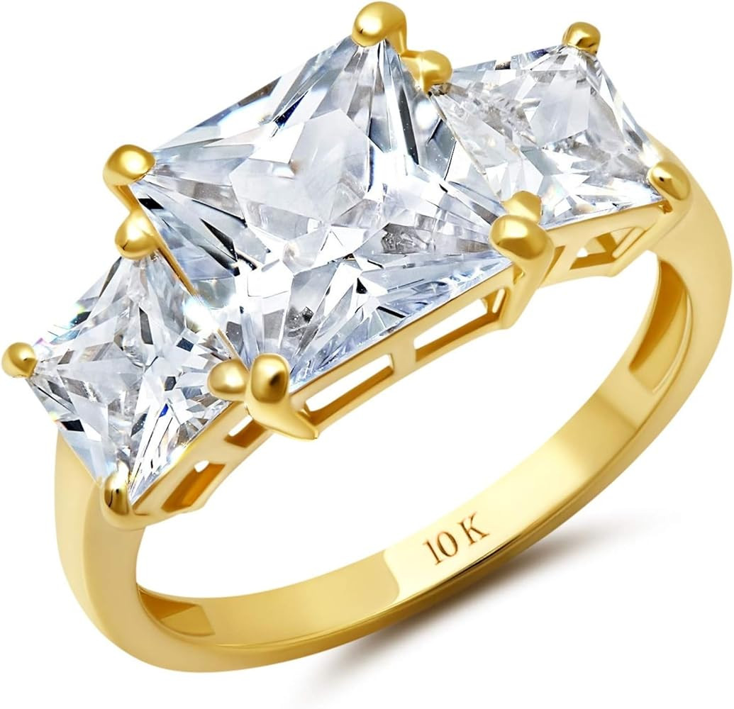 MAX + STONE 4 1/2 Carat Princess Cut Cubic Zirconia Three Stone Ring for Women in 10k White or Ye... | Amazon (US)