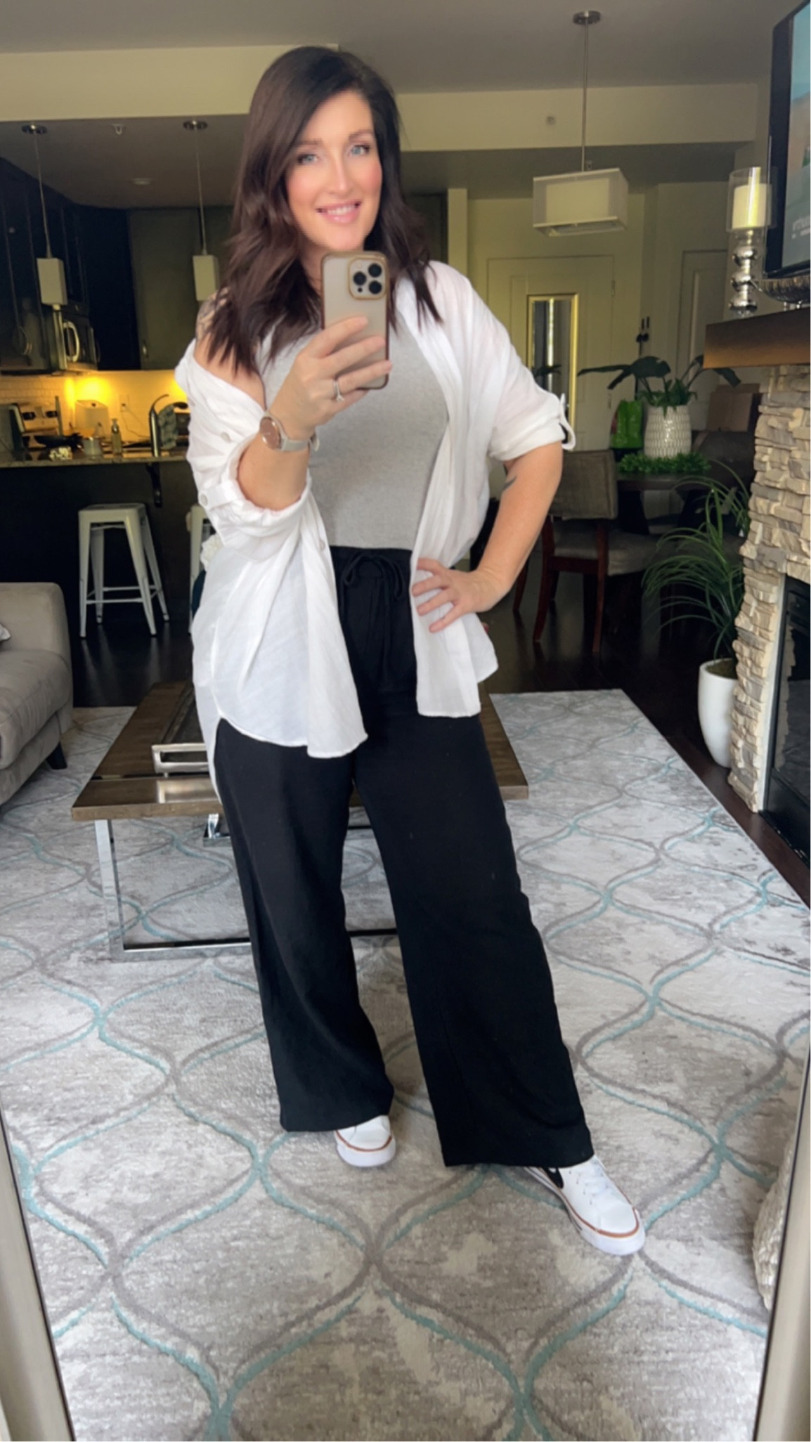 Here’s my daily uniform ootd. Pants are from Reitmans so I couldn’t link the exact ones. I’m wearing a size medium in everything except the oversized shirt which I’m in a small…..because oversized. 🙂  

#LTKFind #LTKshoecrush