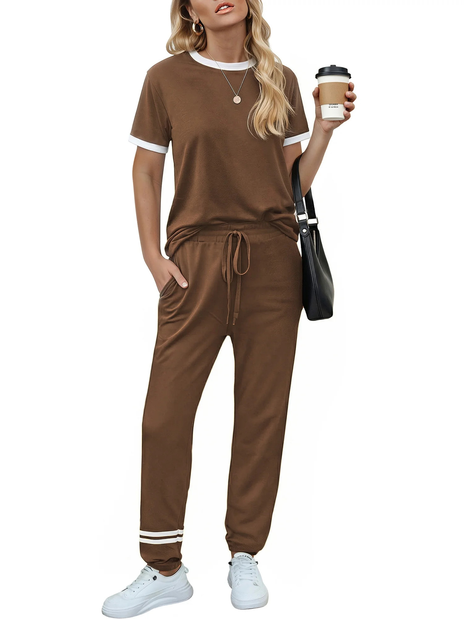 MOSHU Womens Two Piece Outfits Short Sleeve Color Block Tops Long Pants with Drawstring Tracksuit Jogger Sets | Walmart (US)