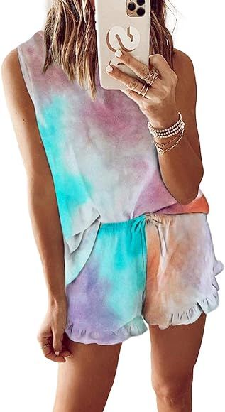 Womens Tie Dye Printed Ruffle Short Pajamas Set Long Sleeve Tee and Pants PJ Set Loungewear Night... | Amazon (US)