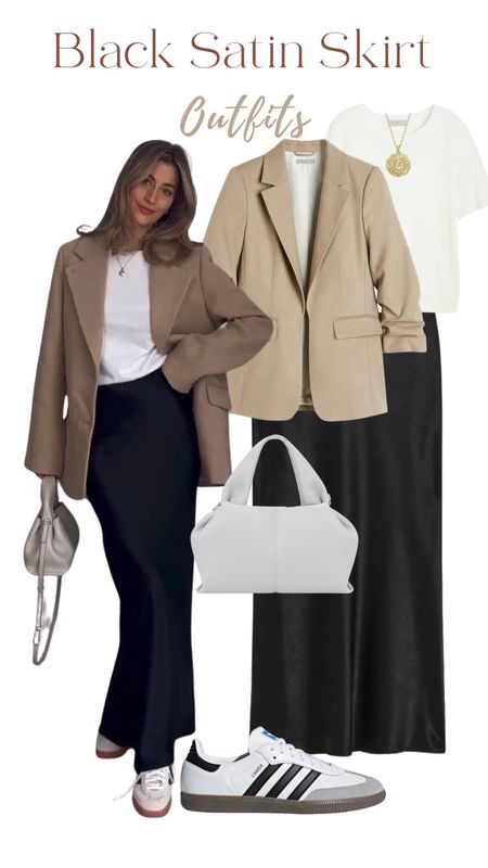 Beige blazer, white top , black satin skirt, white top, white bag, ballet flats, workwear

#LTKfindsunder100 #LTKstyletip #LTKworkwear