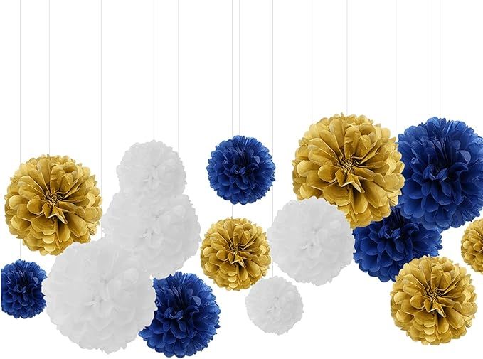 Navy-Blue White Gold Paper Flowers - 15pcs 5 Size Tissue Paper Pom-Poms,Men Birthday Graduation B... | Amazon (US)