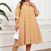 Plus Size Womens Striped Drop Shoulder Long Sleeve Loose Casual Shirt Dress For SpringSummer | SHEIN