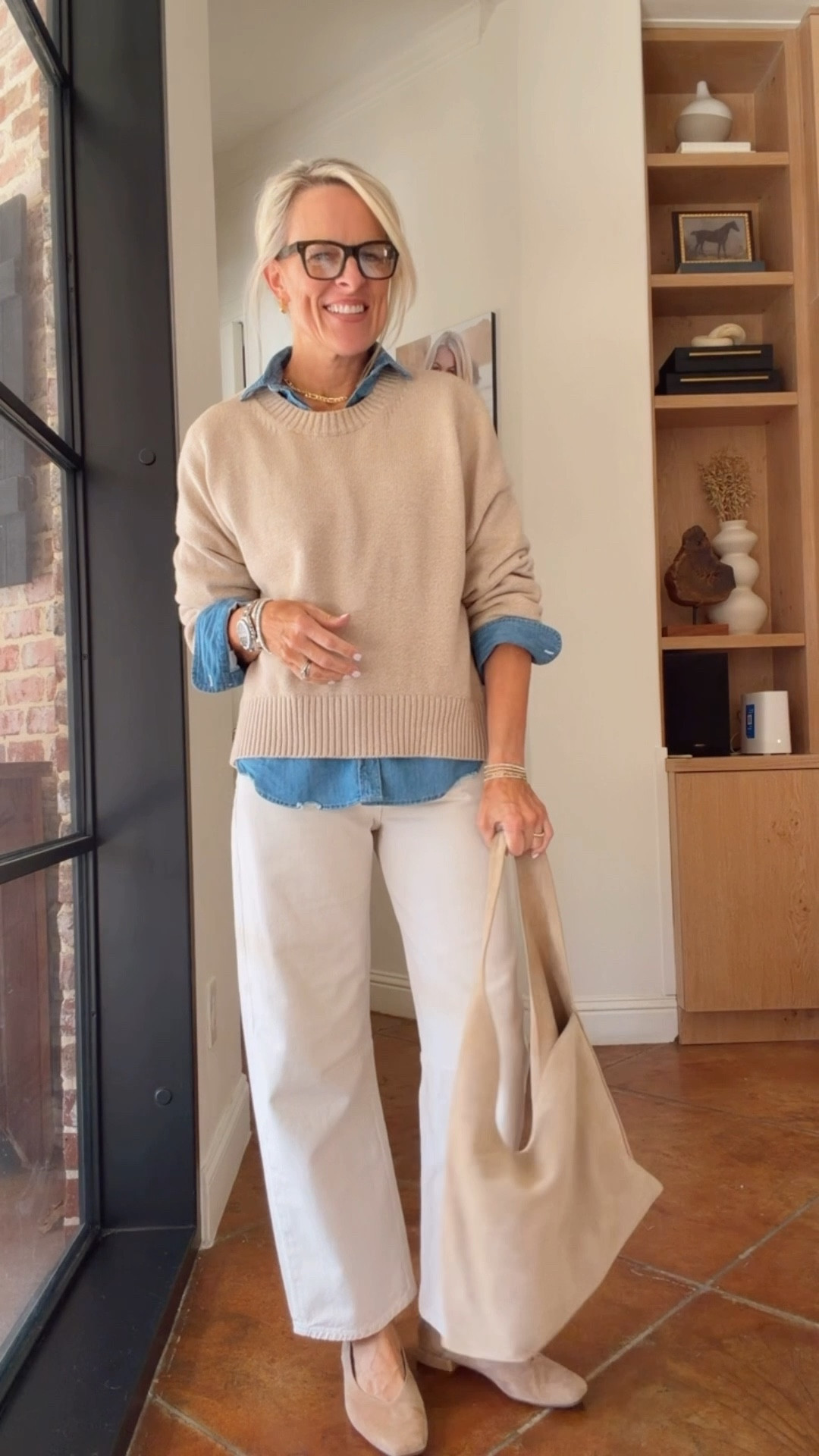 A neutral color combo layered with a touch of denim ￼

Sweater - TTS small, this color is cement marl (out of stock) but speckled beige would be my next t choice! Or Heather brown 
This sweater is 100% organic cotton!

Denim- fit is TTS, the exact pair I have on are a premium pair of denim and so they are pricey. I am linking other denim that will achieve the same outfit look as options. 

If you chose the Madewell darted barrel (have & love!) size down one size and you will still have a tiny bit of oversized fit! These are about $100 and will still achieve this look ..
But I will say the ones I have on….i'll be wearing over and over again. So good 

@Quince ￼

#LTKootd #LTKdayinmylife #LTKOver40