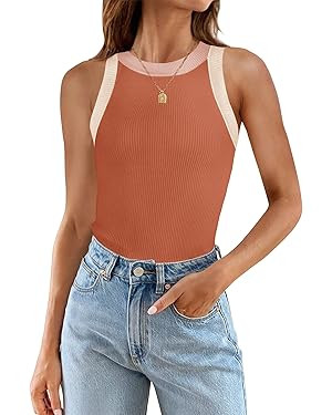 ZESICA Womens 2024 Summer Sleeveless Tank Tops Ribbed High Neck Racerback Slim Fitted Color Block... | Amazon (US)