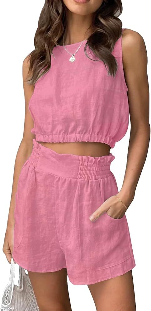 KUNMI Women Summer 2 Piece Outfits Shorts Sets Sleeveless Round Neck Crop Top Tank and High Waist... | Amazon (US)