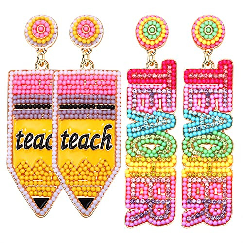 2/3 Pairs Pencil Earrings - Rhinestone Beaded Dangle Drop Earrings for Women - Colorful Teacher A... | Amazon (US)