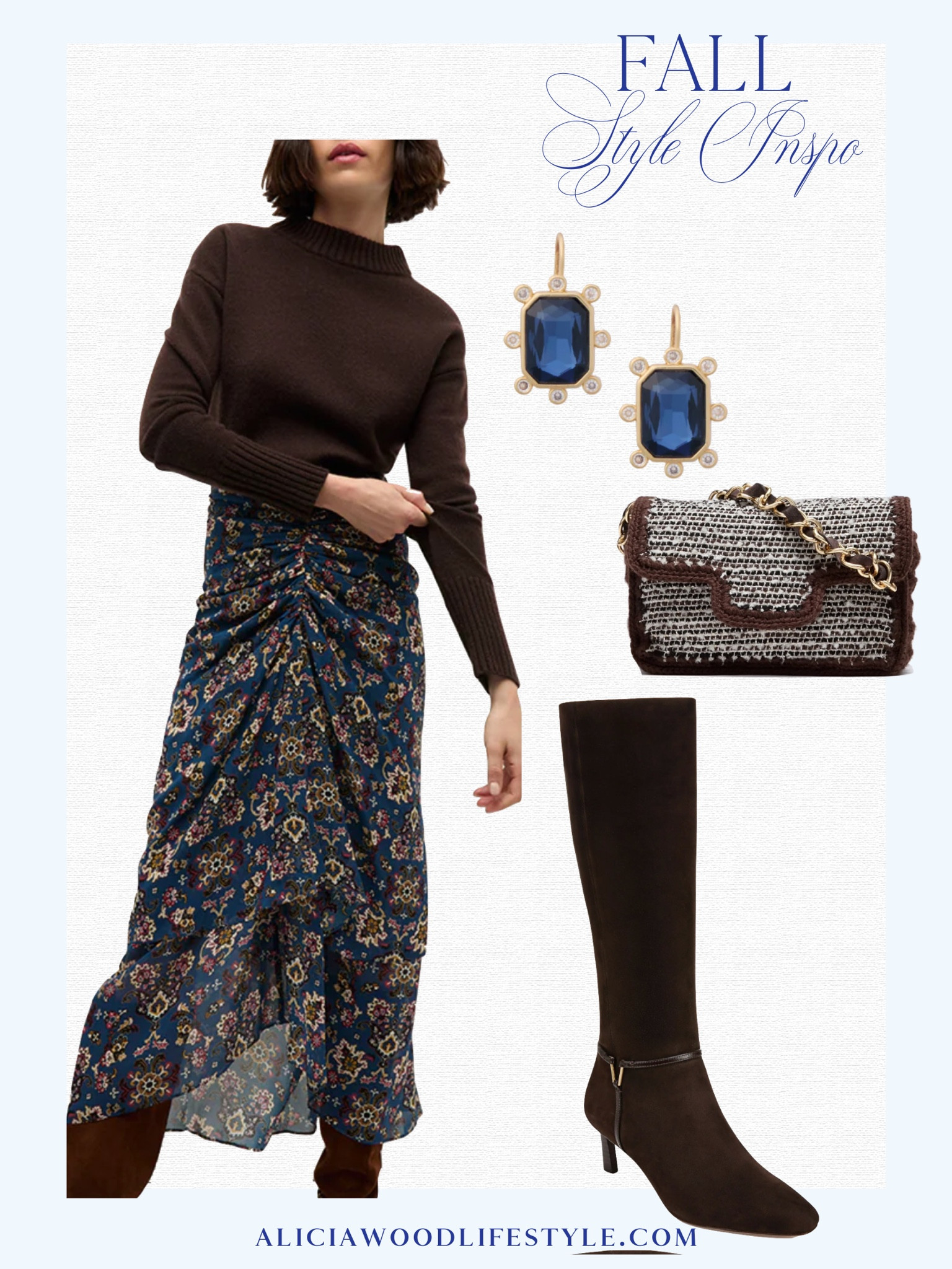 Fall style inspiration 

Dark floral midi skirt
Chocolate brown turtleneck
Tall brown suede  boot 
Blue drop earrings 
Brown woven handbag 

#LTKSeasonal #LTKOver40 #LTKStyleTip