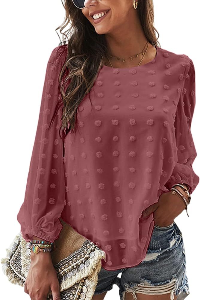 Jollycode Womens Chiffon Blouses Swiss Dot Long Sleeve Crew Neck Elegant Summer Shirts Pom Pom Tops | Amazon (US)