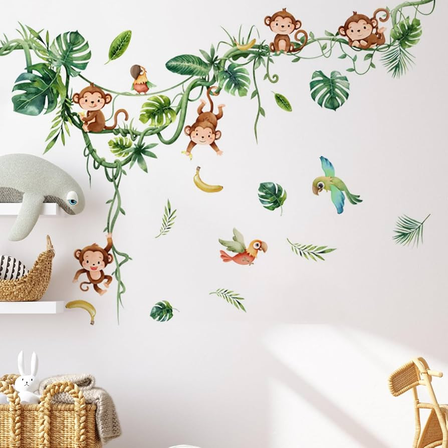 wocpvm Jungle Animals Wall Decals Monkey Safari Wall Stickers Vine Leaves Kids Wall Stickers Jung... | Amazon (UK)