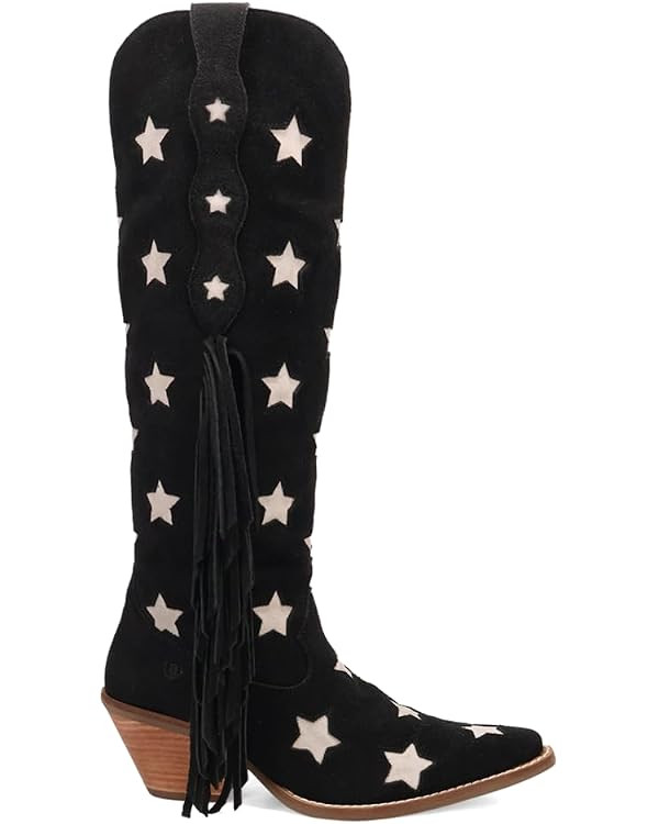 Dingo Womens Super Star Fringe Tooled Inlay Snip Toe Casual Boots Over the Knee Mid Heel 2-3" | Amazon (US)