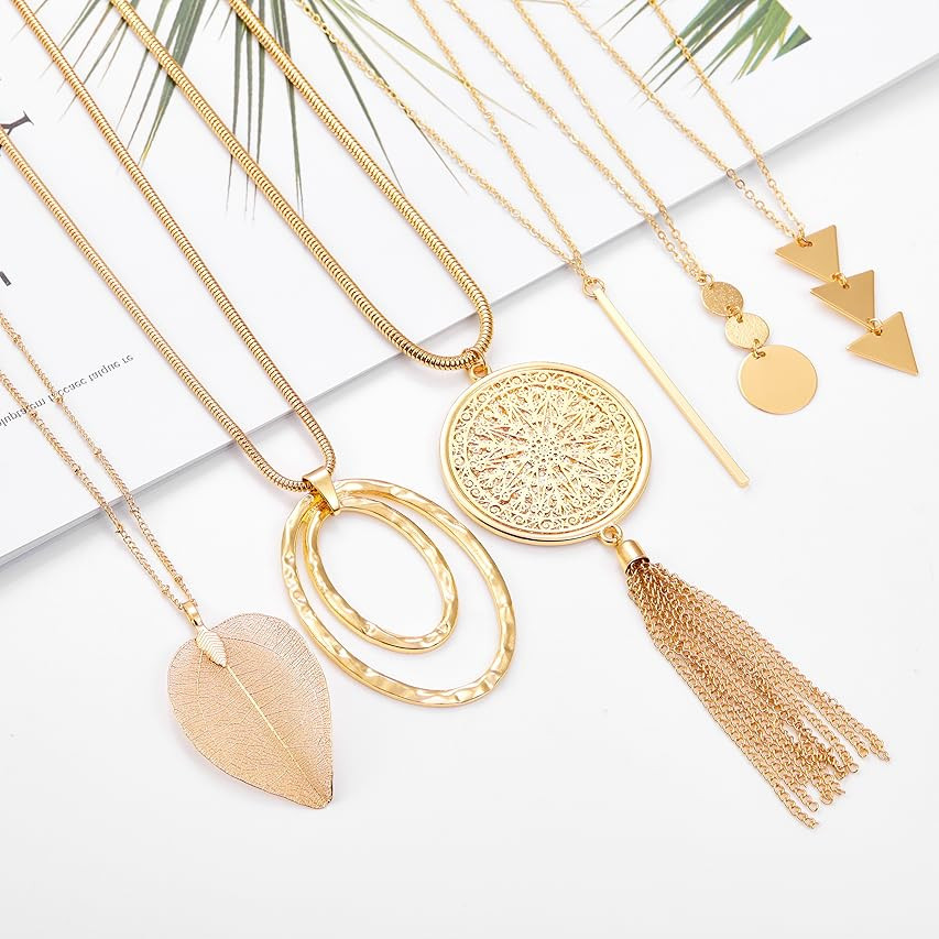 FINREZIO 6PCS Long Pendant Necklace Set Circle Knot Tassel Y Strands Necklace Statement Necklace for | Amazon (US)