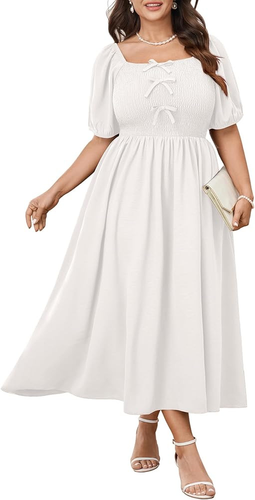 SCOMCHIC Women's Plus Size Cocktail Dress Milkmaid Bow Front Short Sleeve Square Neck Smocked Wed... | Amazon (US)