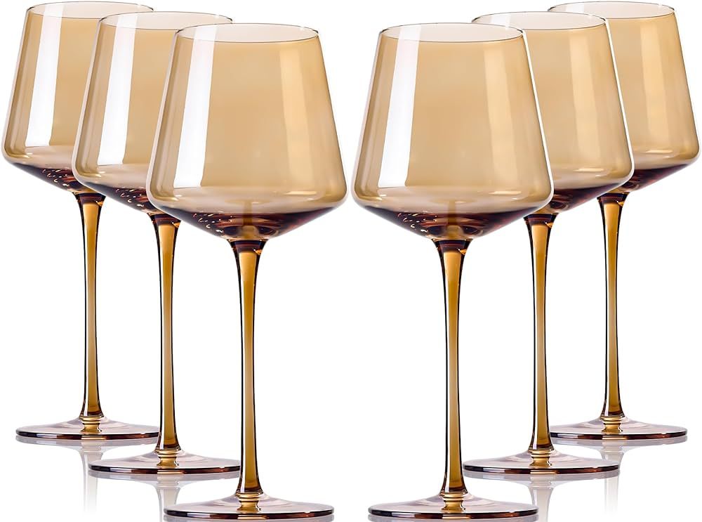 comfit Amber Wine Glasses Set Of 6 - Crystal Colorful Wine Glasses With Long Stem and Thin Rim,Mo... | Amazon (US)