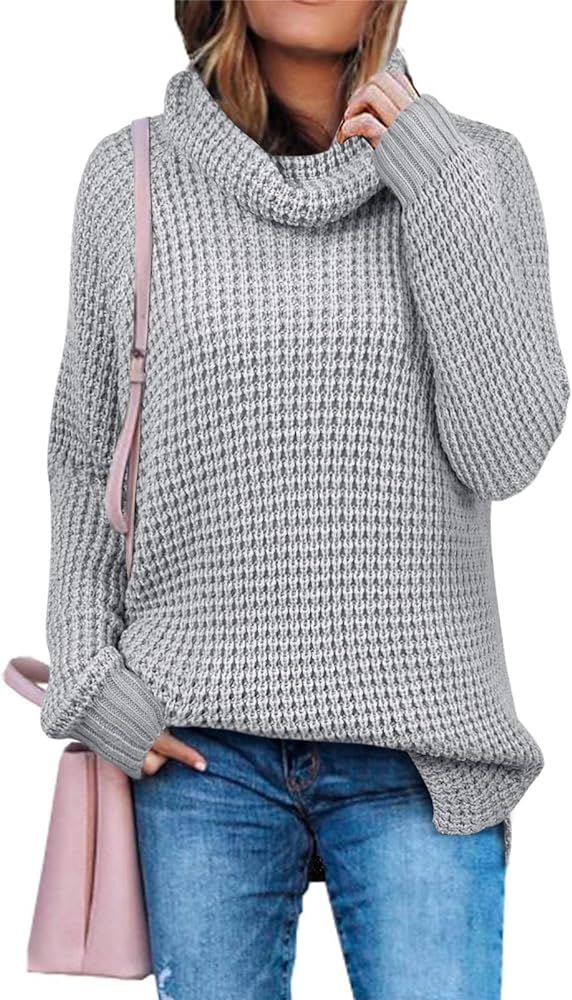ZESICA Womens Turtleneck Long Sleeve Waffle Knit Casual Loose Pullover Sweater Jumper Tops | Amazon (US)